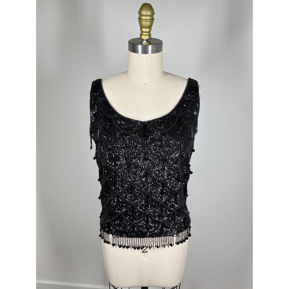 Vintage Black Beaded Sequin Tank Small Wool Fringe Gatsby Glam 50s 60s Evening